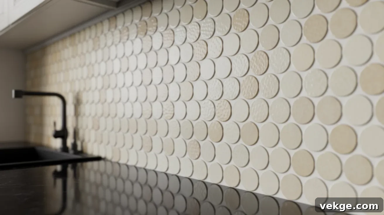 Off-White Penny Round Tile Backsplash with Black Countertops