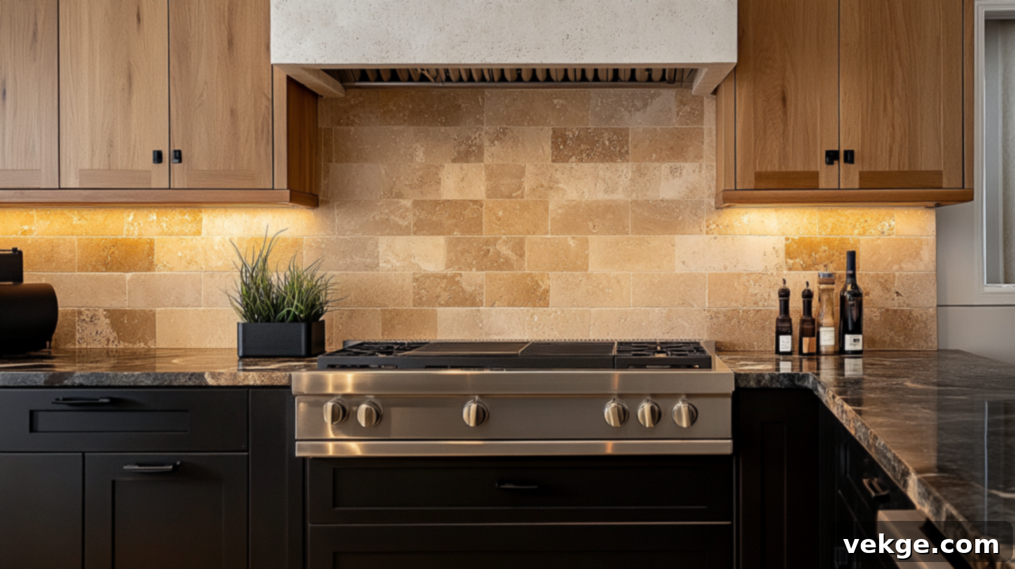 Warm Travertine Tile Backsplash with Black Countertops