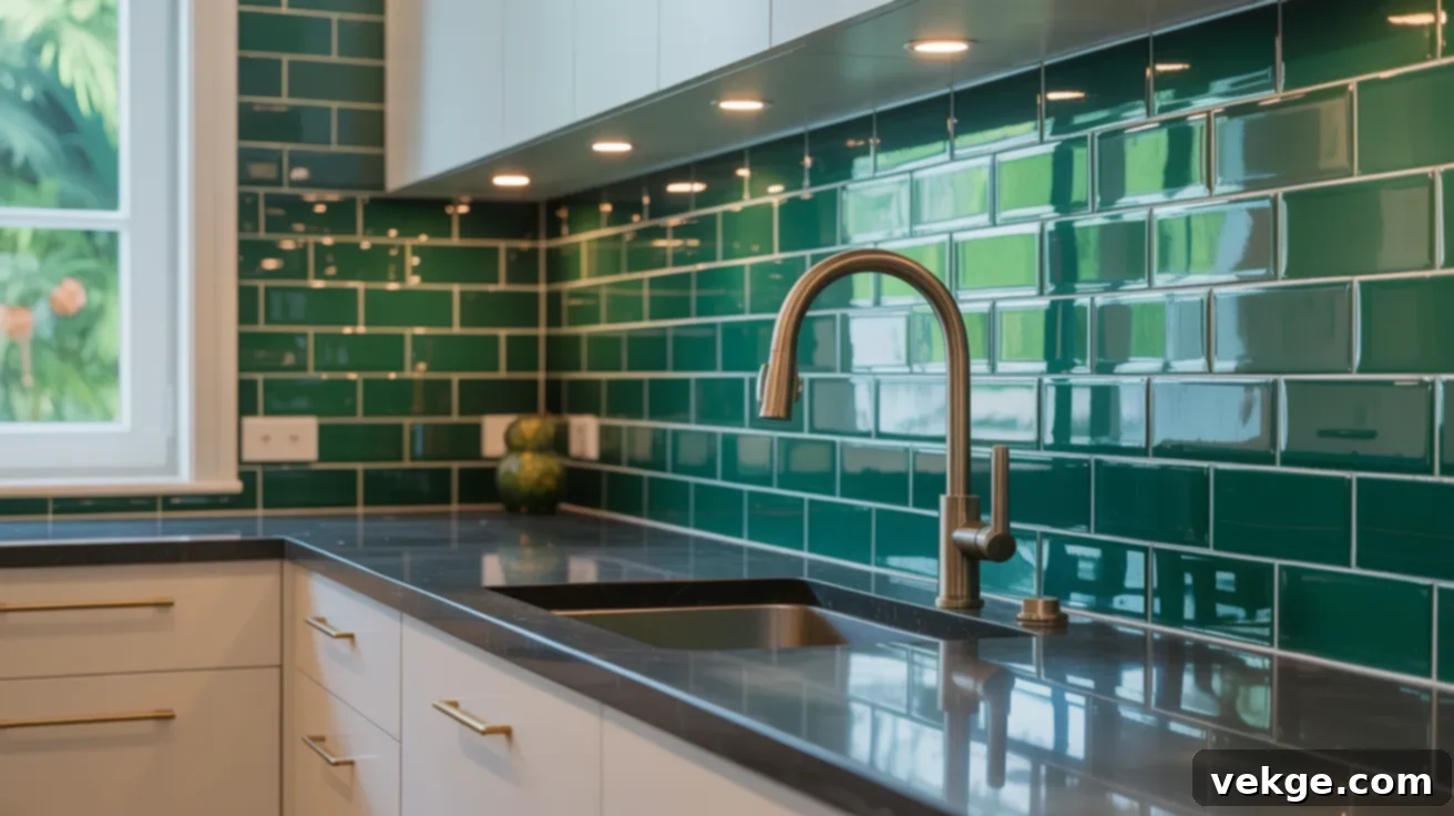 Emerald Green Subway Tile Backsplash with Black Countertops
