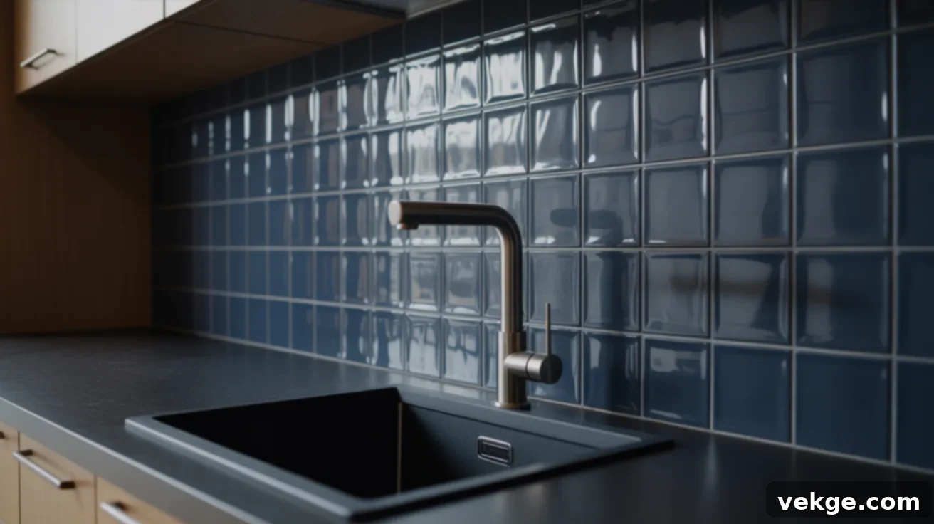 Navy Blue Glossy Tile Backsplash with Black Countertops