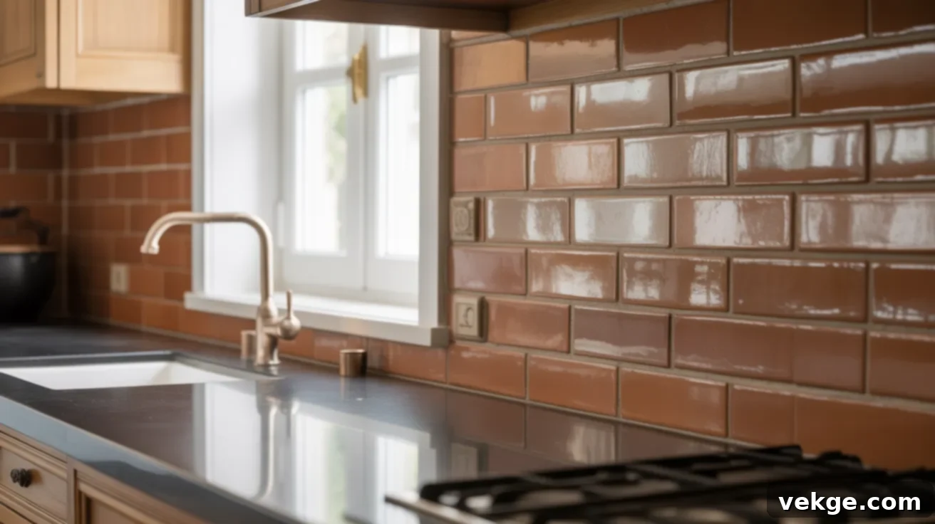 Warm Terracotta Clay Tile Backsplash with Black Countertops