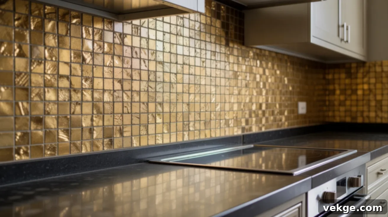 Luxurious Gold Leaf Mosaic Backsplash with Black Countertops