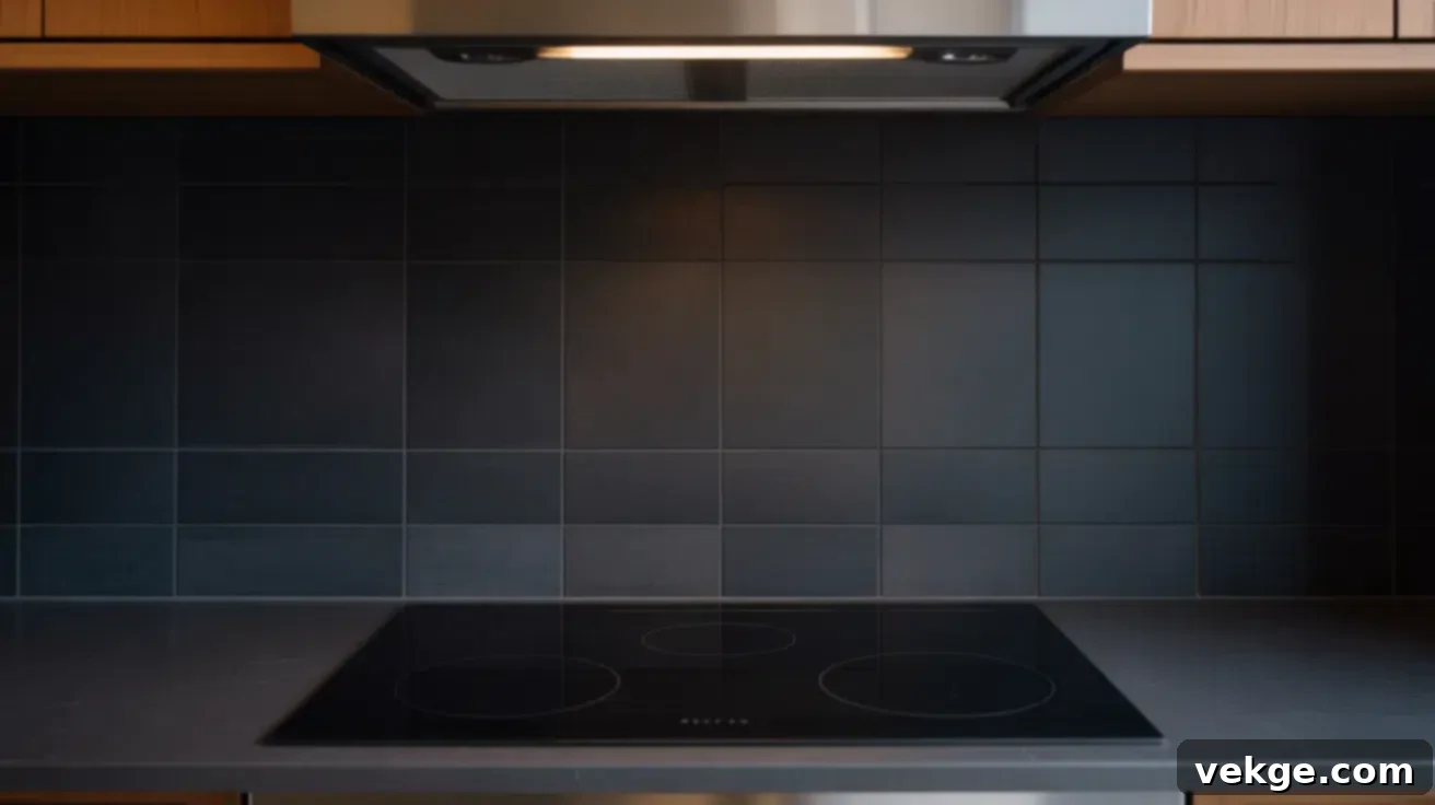 Matte Black Backsplash Tiles with Black Countertops for a Monochromatic Look