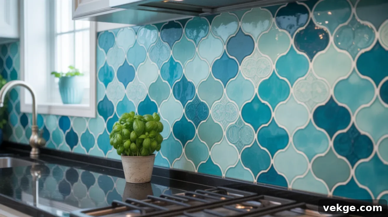 Vibrant Aqua Blue Moroccan Tile Backsplash with Black Countertops