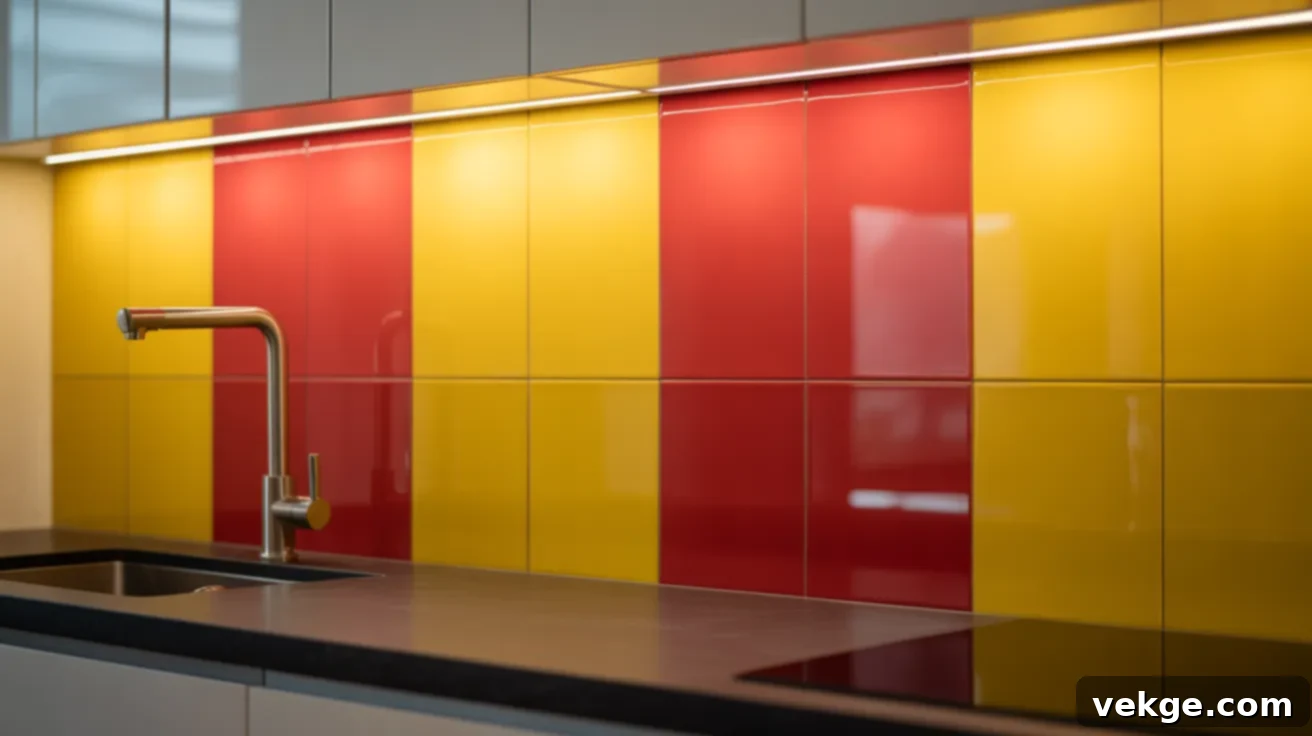 Modern Colour-Blocked Backsplash Panels with Black Countertops