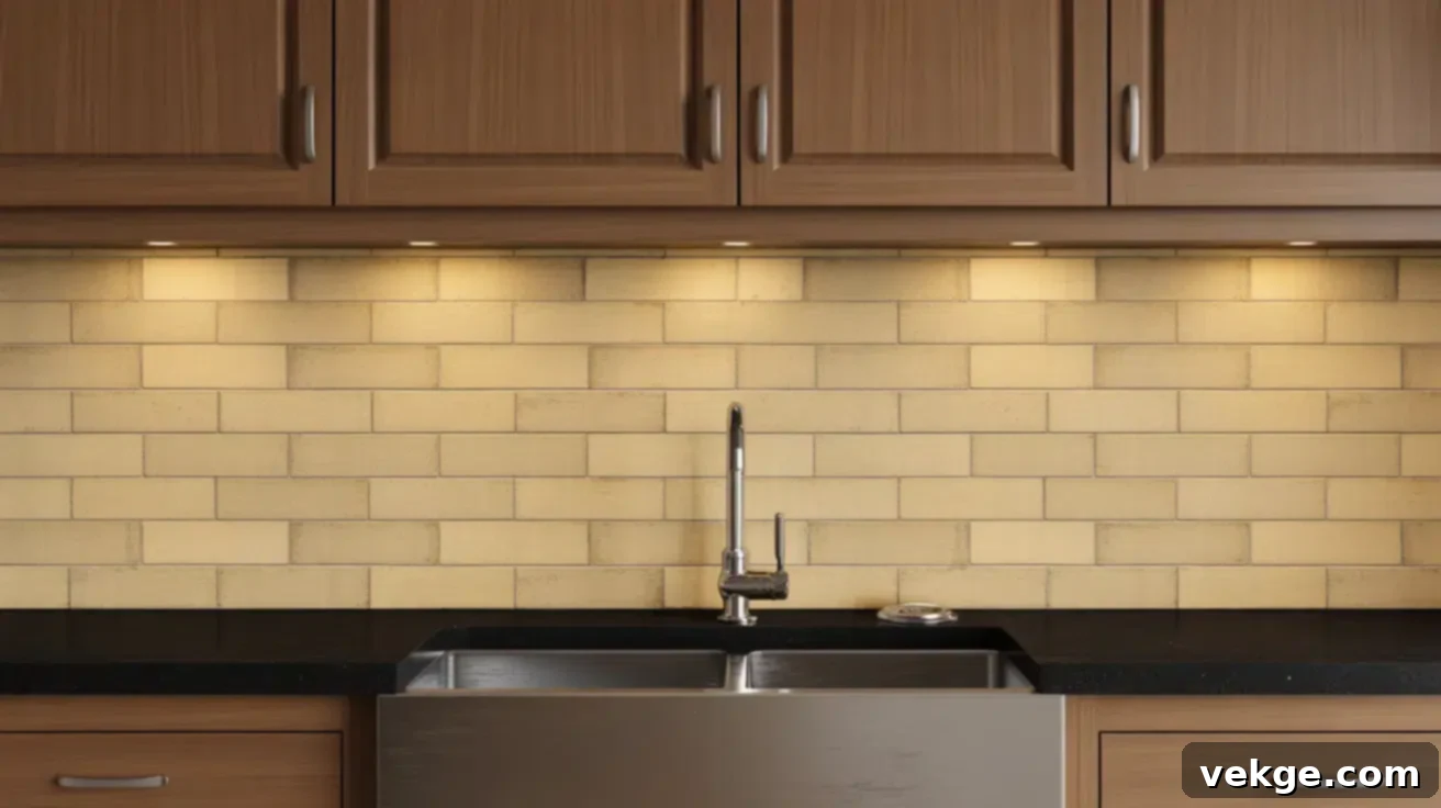 Warm Honey Beige Backsplash with Black Countertops and Wood Cabinets