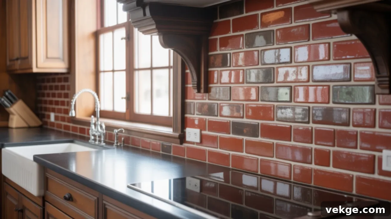 Rustic Brick Veneer Panel Backsplash with Black Countertops
