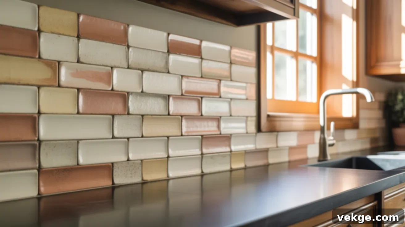 Artisanal Hand-Pressed Clay Tile Backsplash with Black Countertops