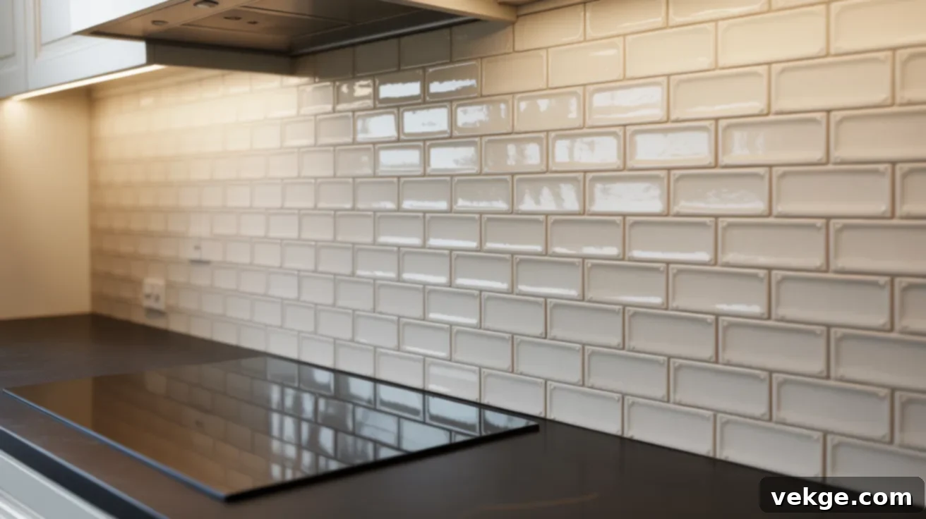 Iridescent Ivory Zellige Tile Backsplash with Black Countertops
