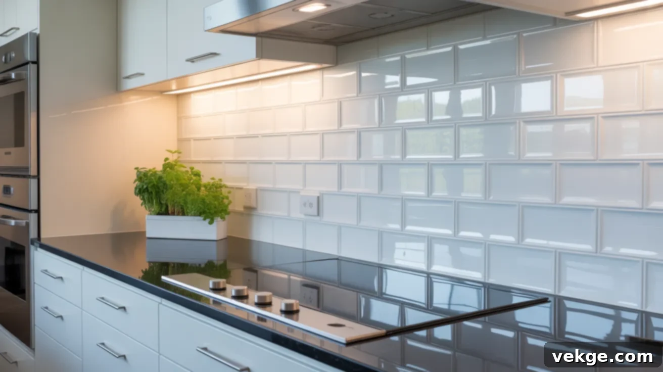 Sleek Snow White Glass Backsplash with Black Countertops