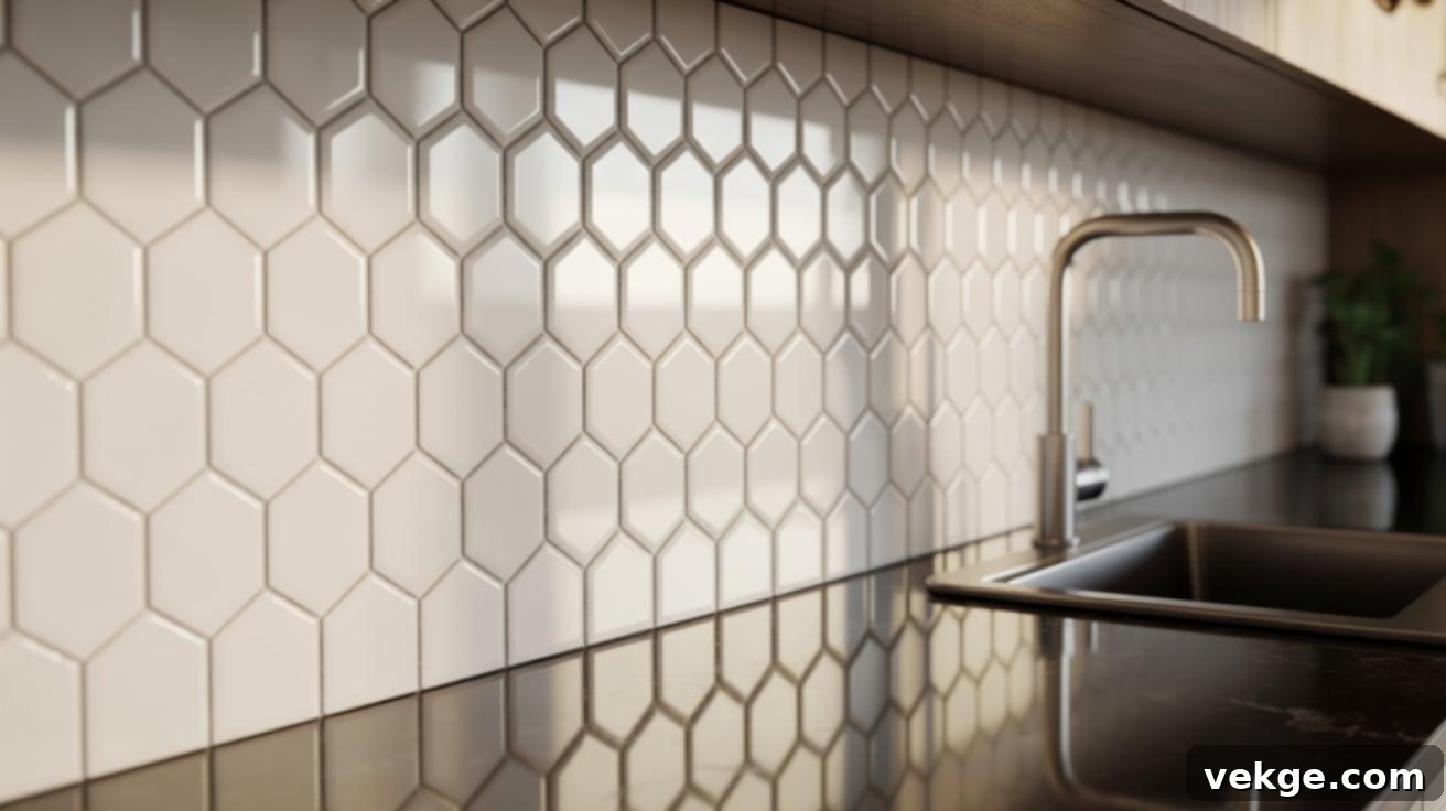 Modern White Hexagon Tile Backsplash with Black Countertops