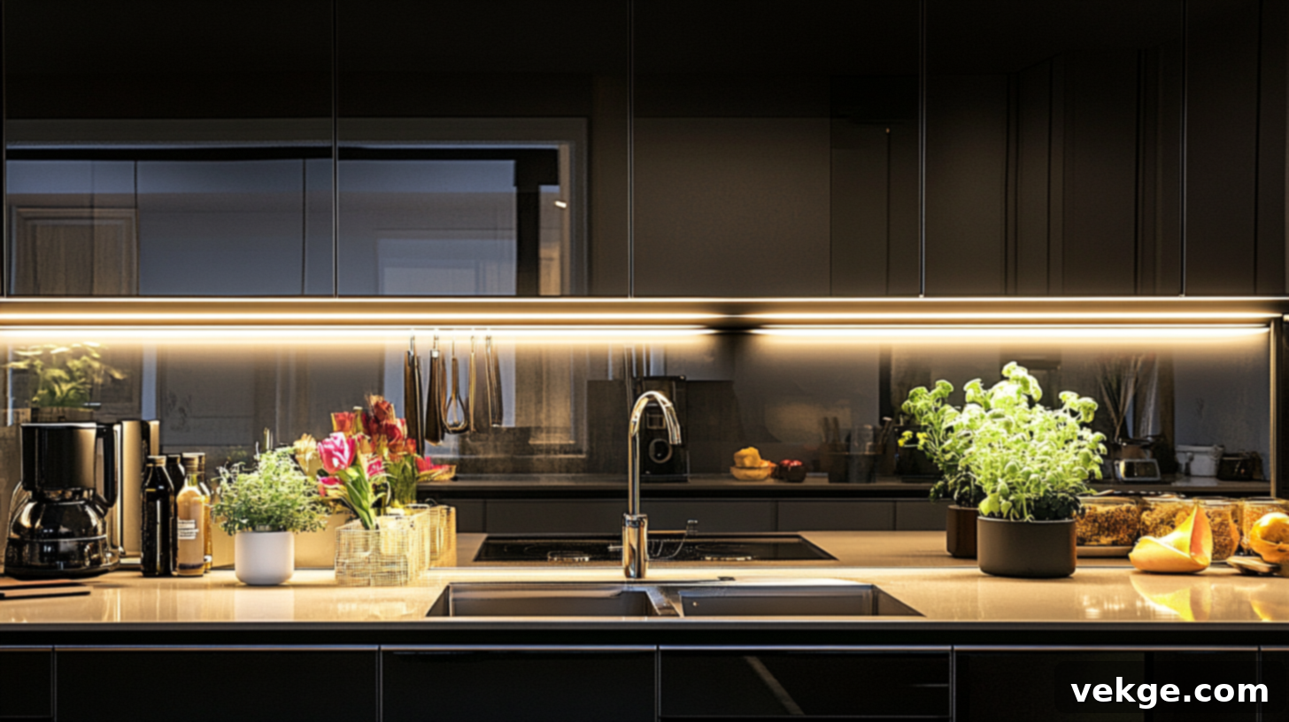 Reflective Mirrored Kitchen Backsplash with Black Countertops
