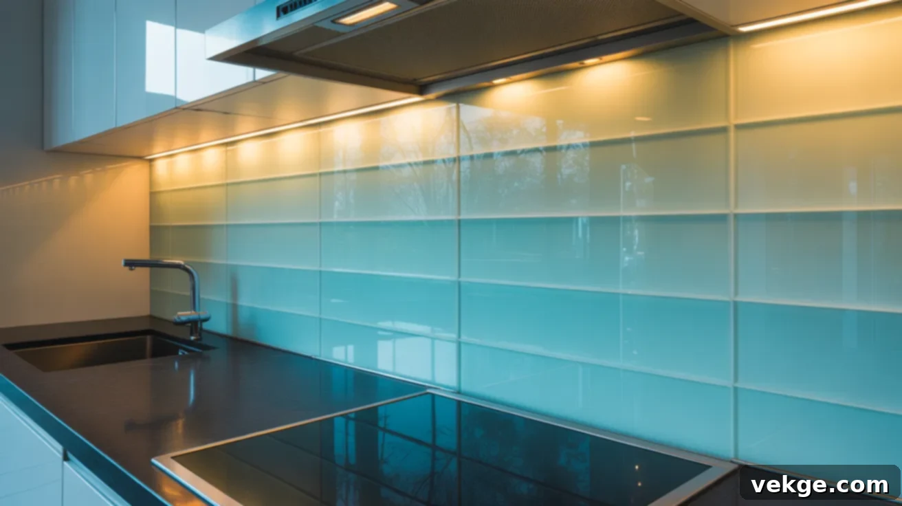 Subtle Frosted Glass Panel Backsplash with Black Countertops