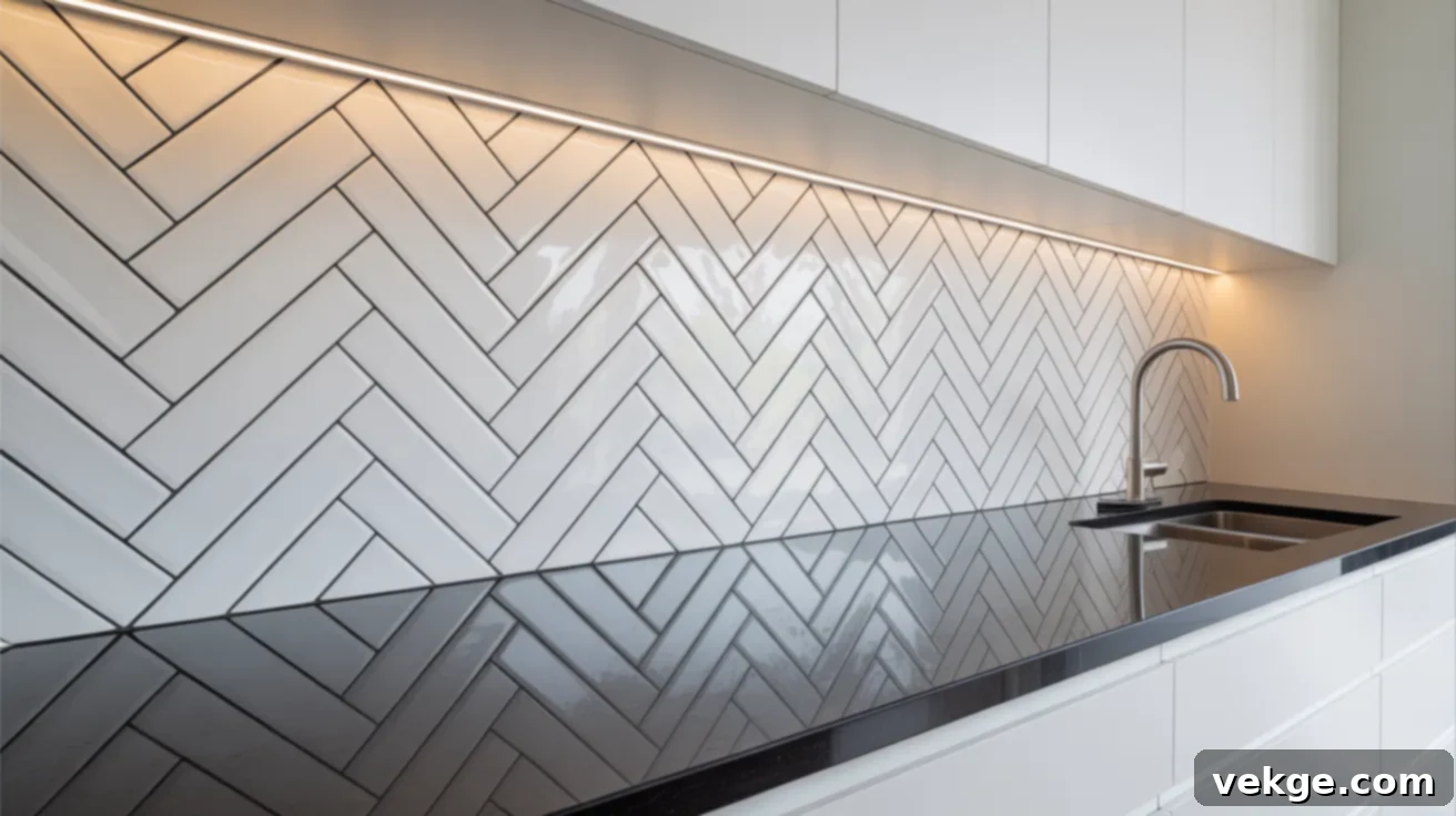 Dynamic White Chevron Pattern Backsplash with Black Countertops