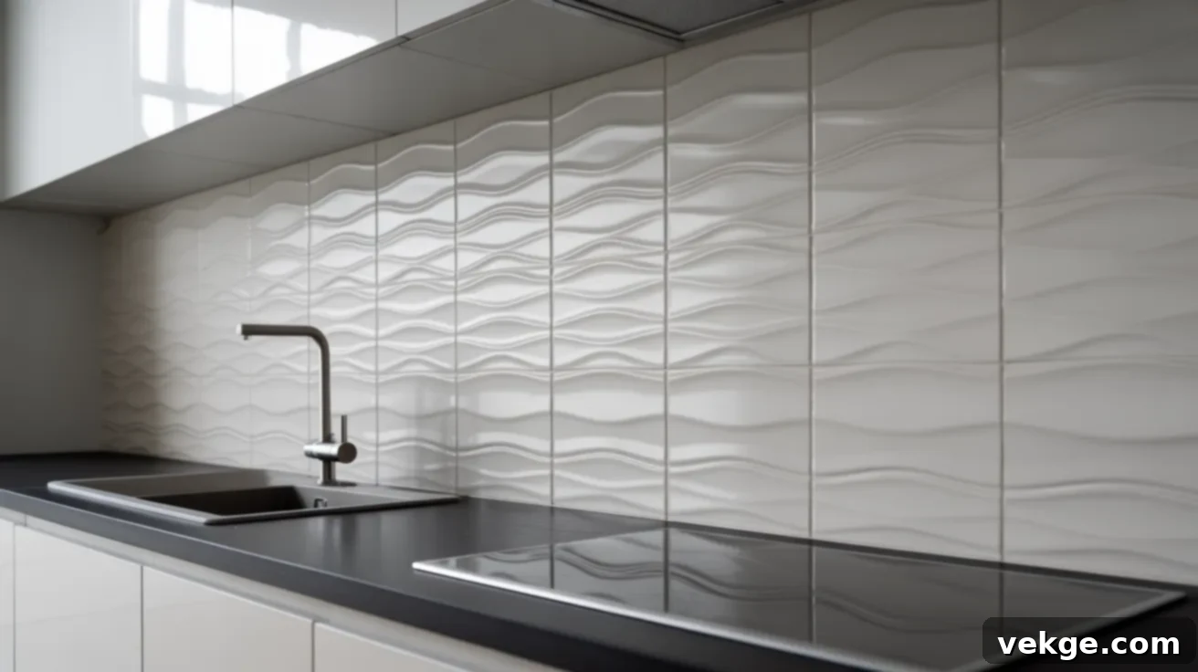 Sculptural Wavy 3D Wall Tiles Backsplash with Black Countertops