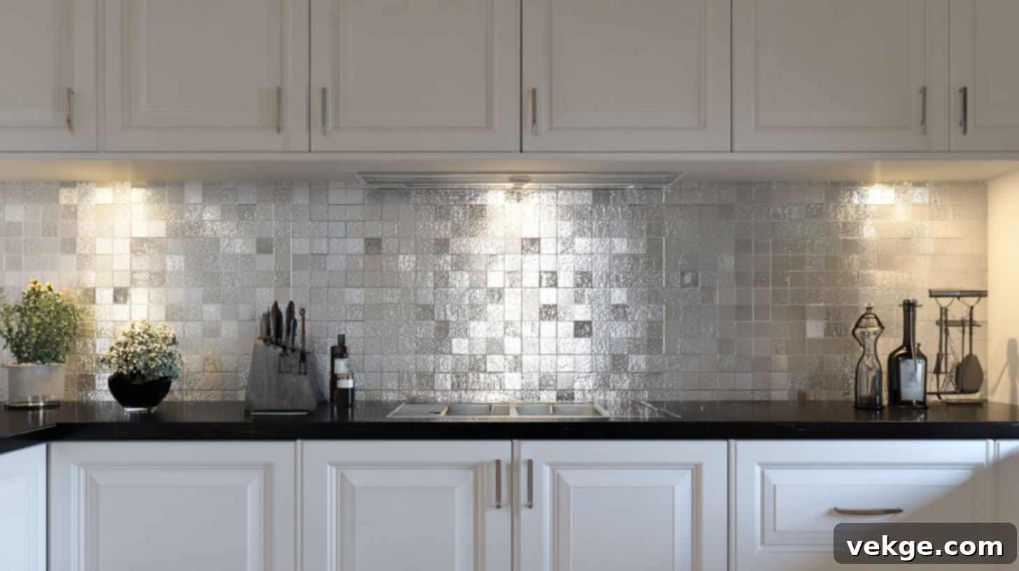 Shimmering Silver Metallic Mosaic Backsplash with Black Countertops
