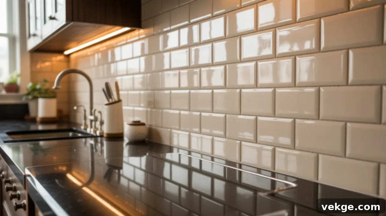 Cream Ceramic Tile Backsplash with Black Countertops
