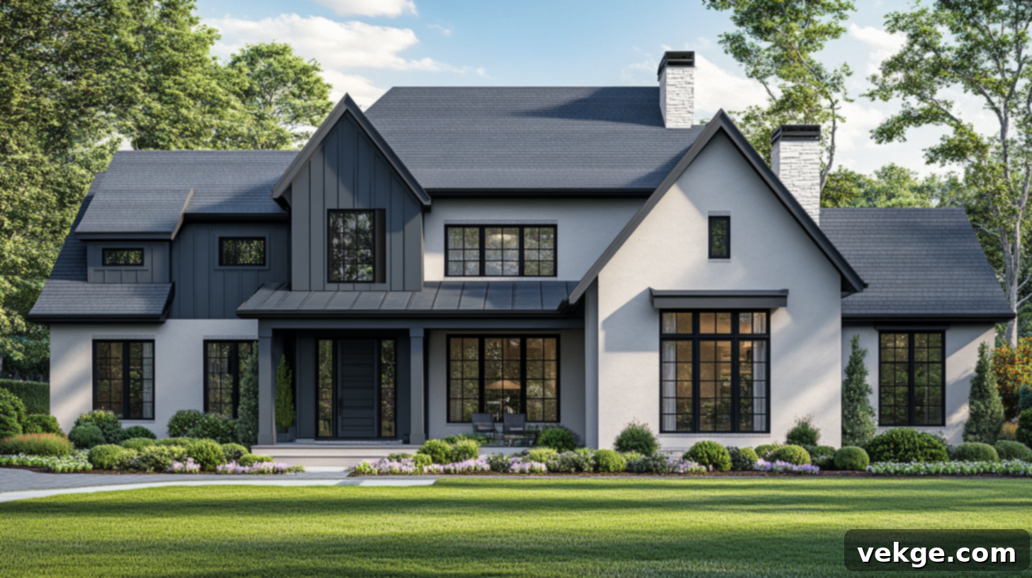 Exterior of a home painted with Repose Gray, paired with strong trim colors
