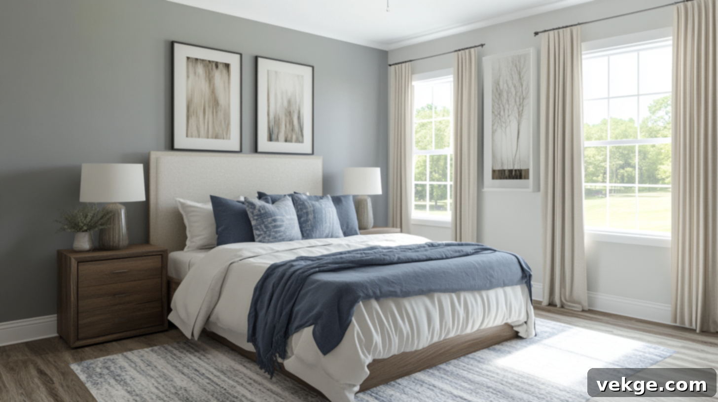 Bedroom featuring Repose Gray walls with calm greens and blues