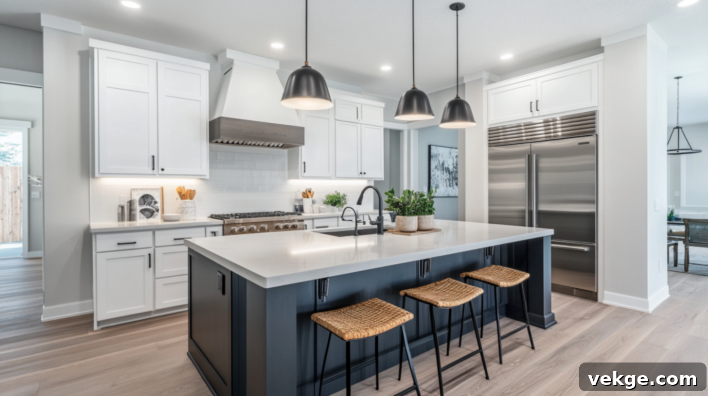 Kitchen with Repose Gray walls or cabinets, paired with crisp whites or navy