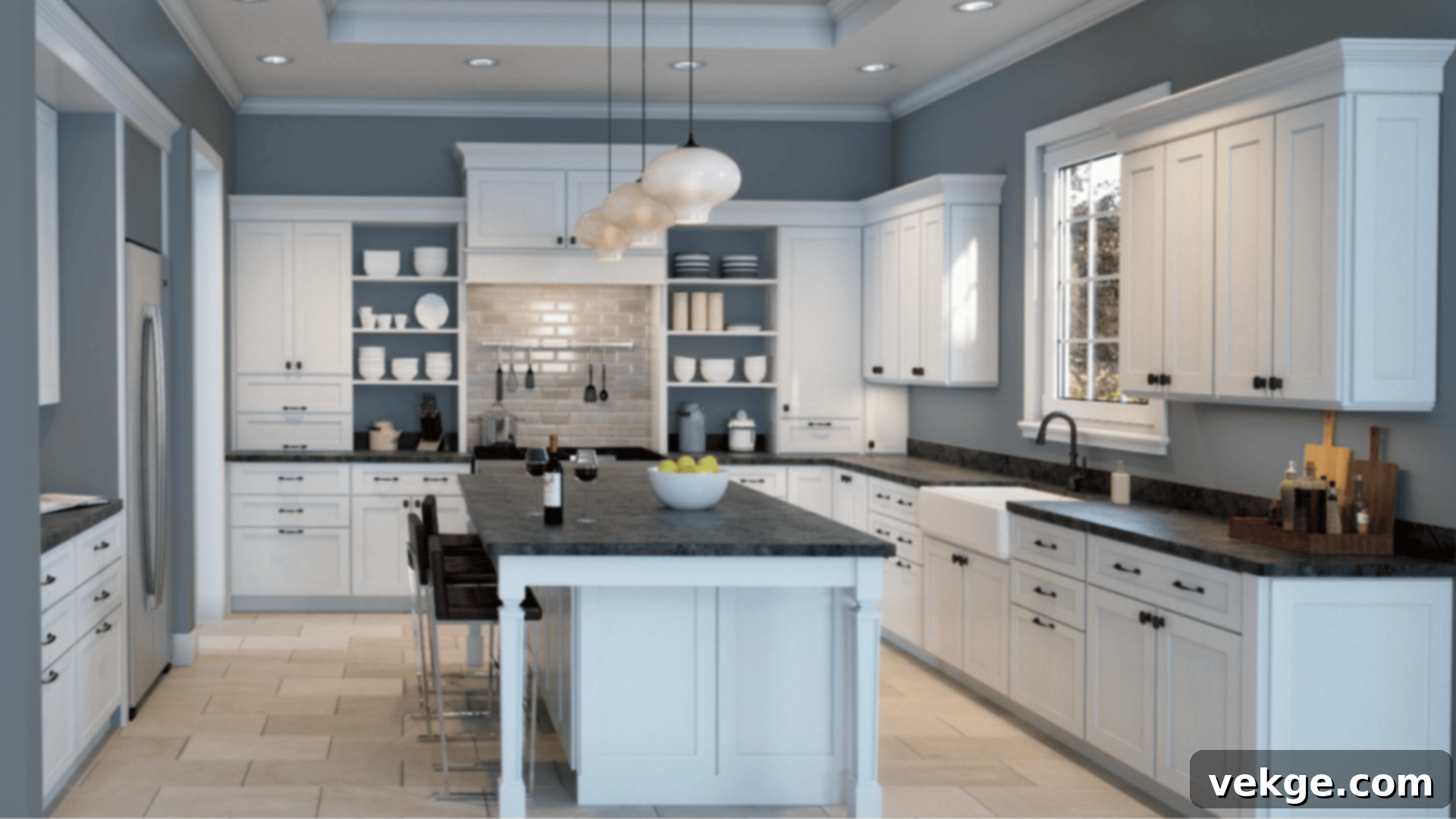 Sherwin-Williams Storm Cloud in a modern kitchen with white counters and brass hardware