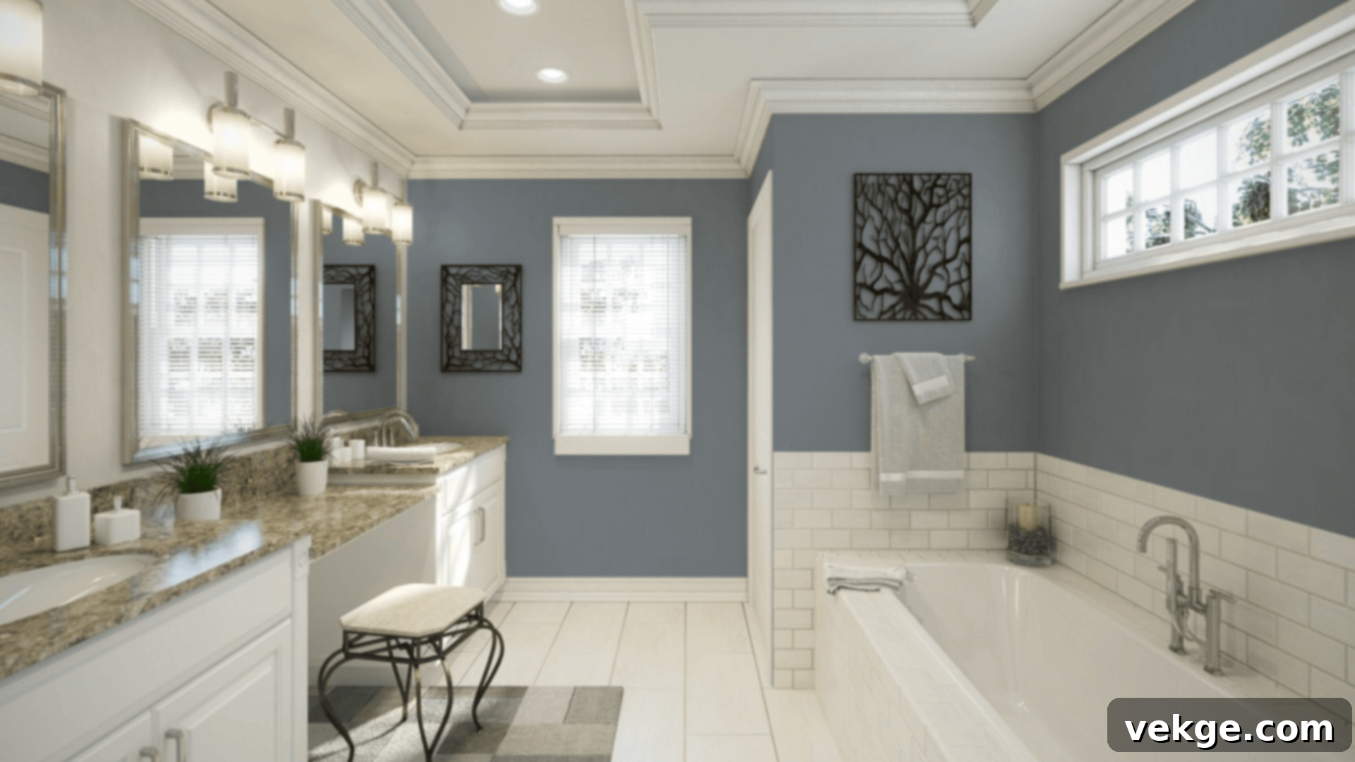 Sherwin-Williams Storm Cloud in a spa-like bathroom with white tile and black fixtures