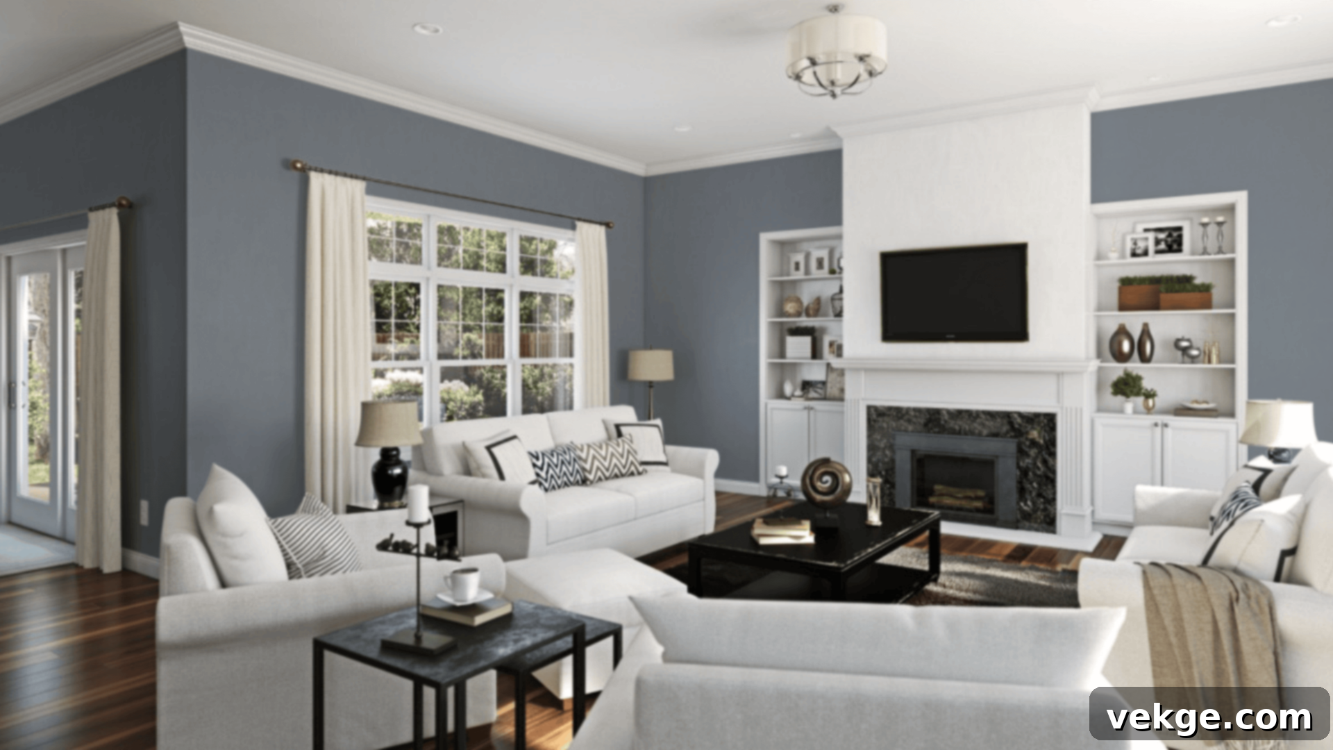 Sherwin-Williams Storm Cloud in a contemporary living room with high ceilings