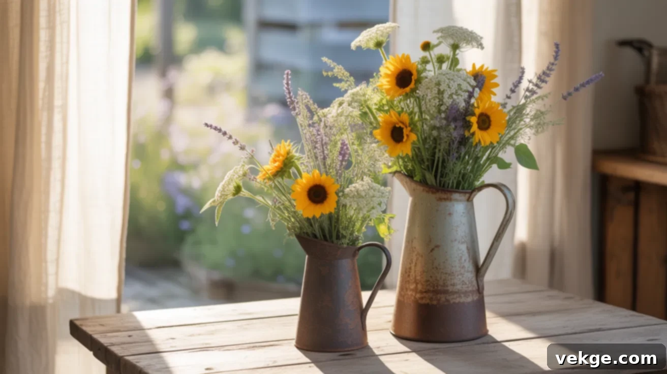 Fresh Flowers in Ironstone Pitchers for French Charm