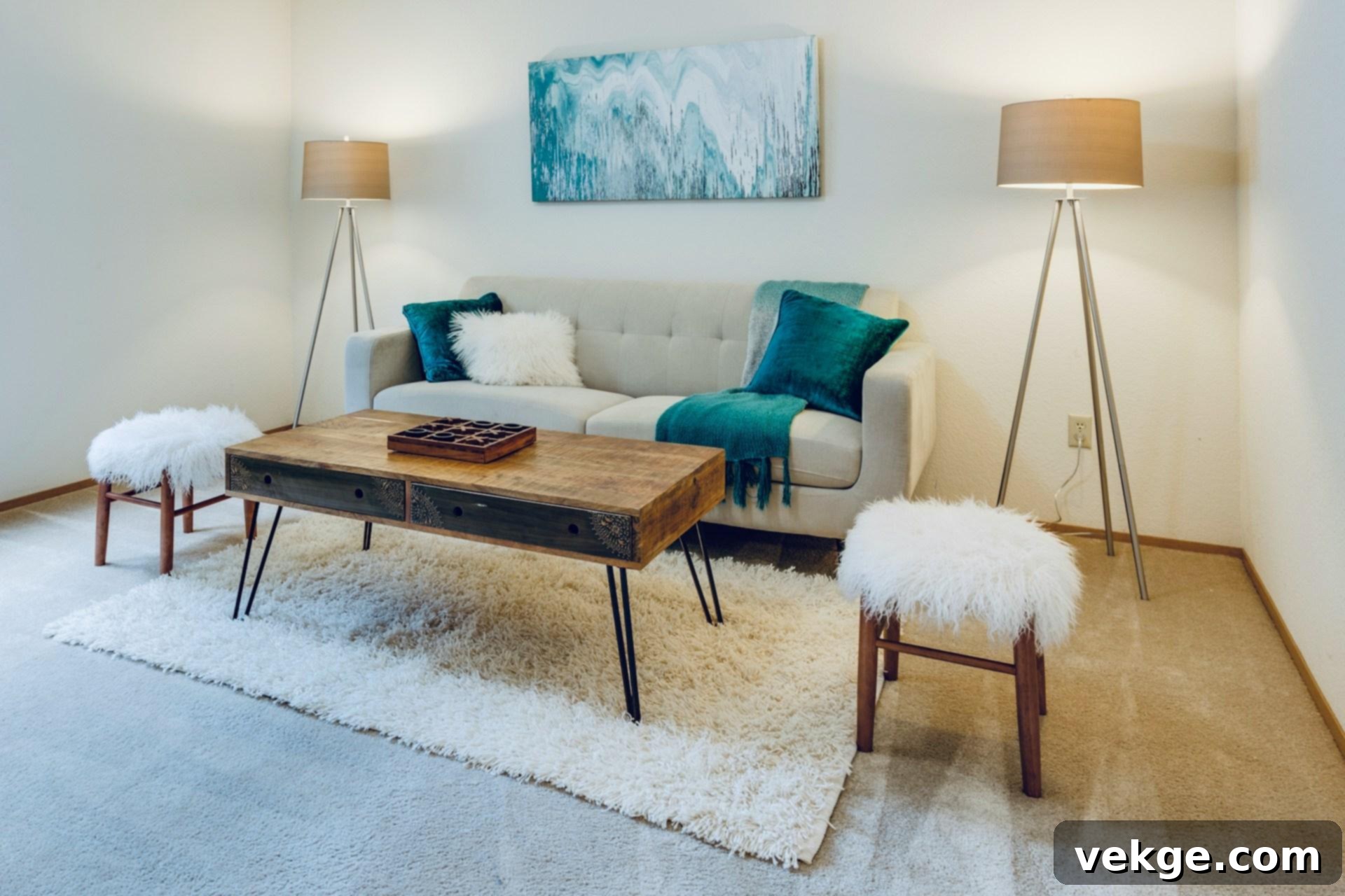A tastefully decorated living room featuring a patterned area rug, a modern sofa, and a coffee table.