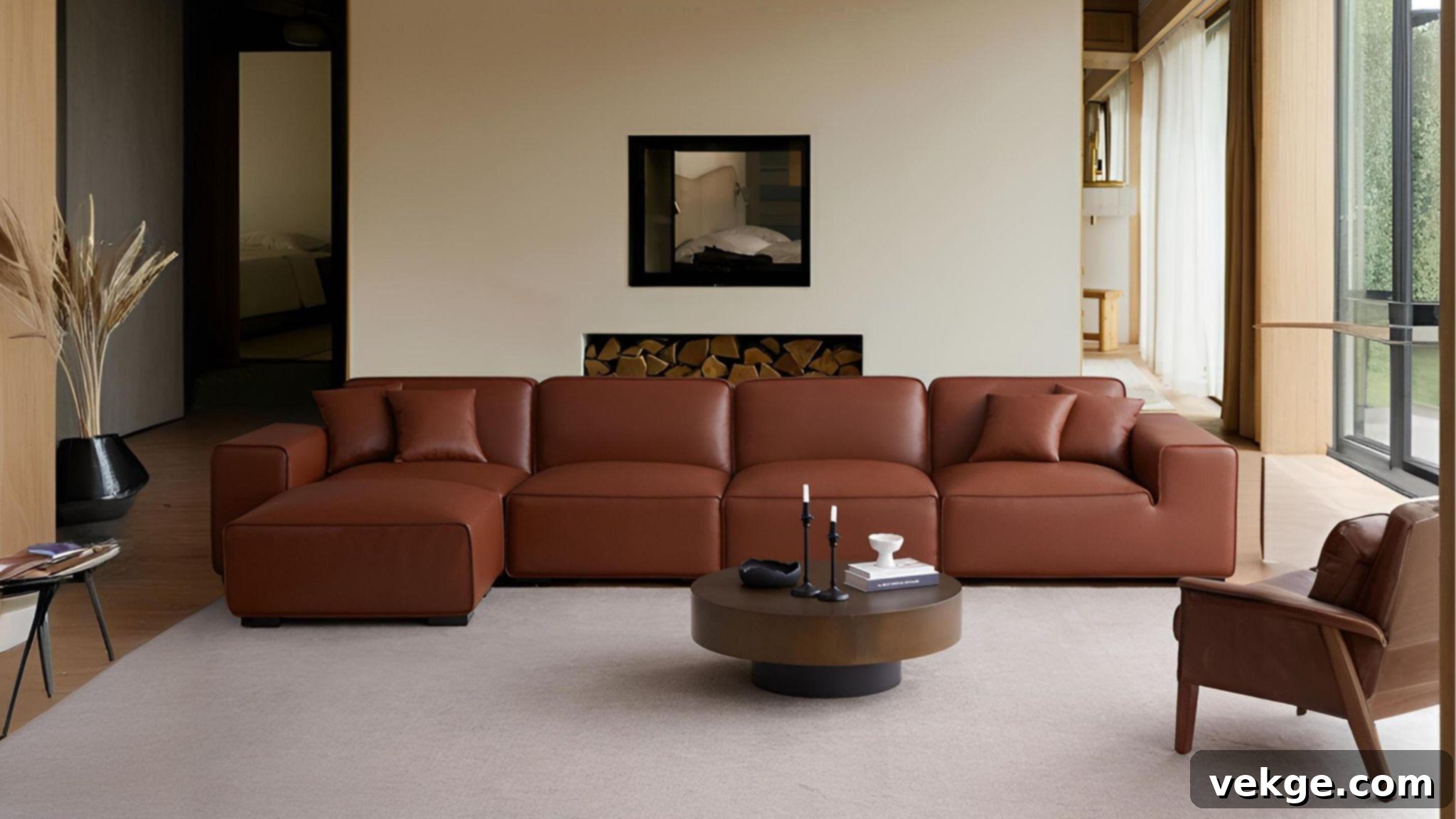 Brown leather sofa with warm-toned pillows, rugs, and decor