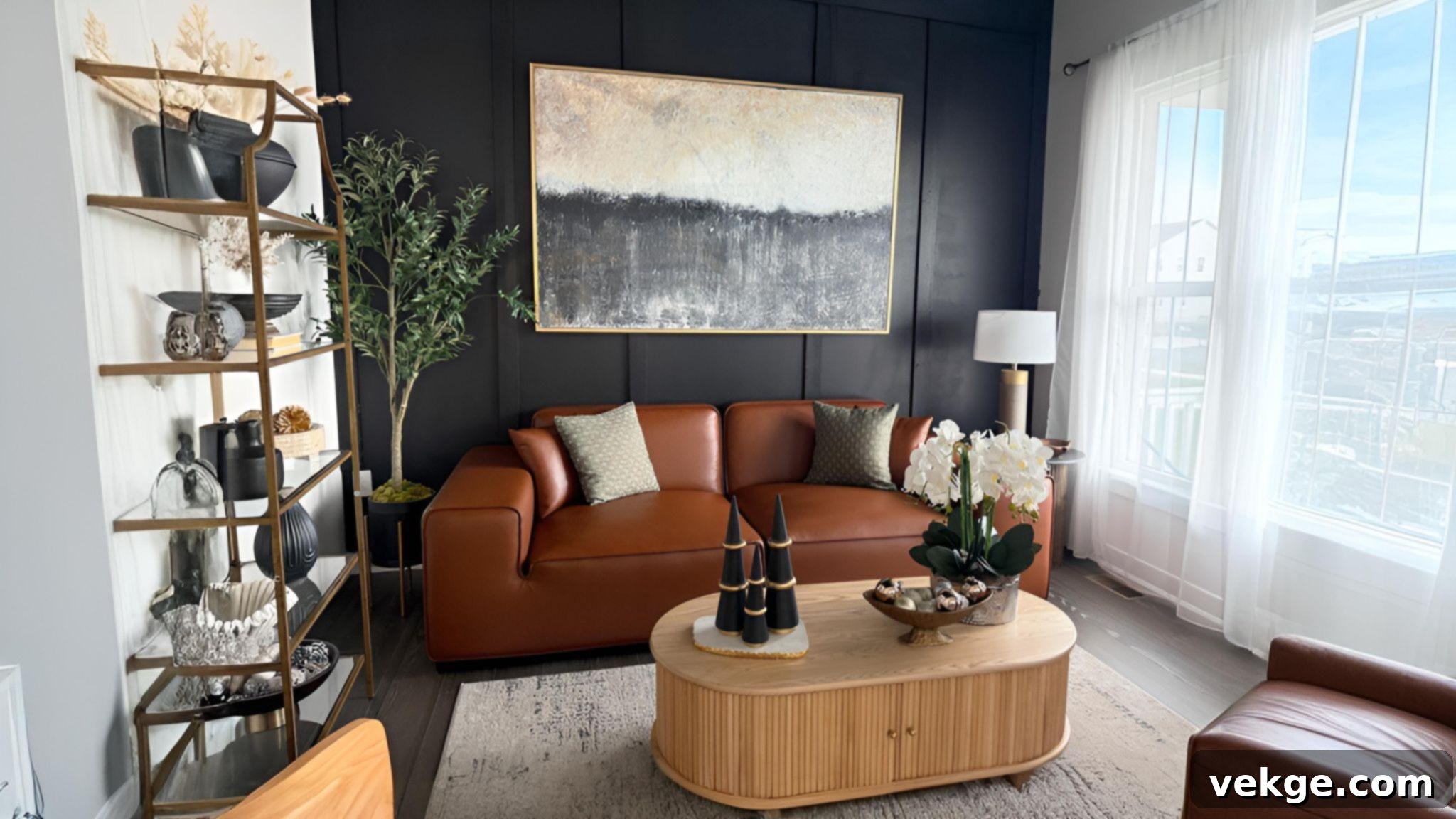 Brown leather sofa in a dark-toned living room with sophisticated decor