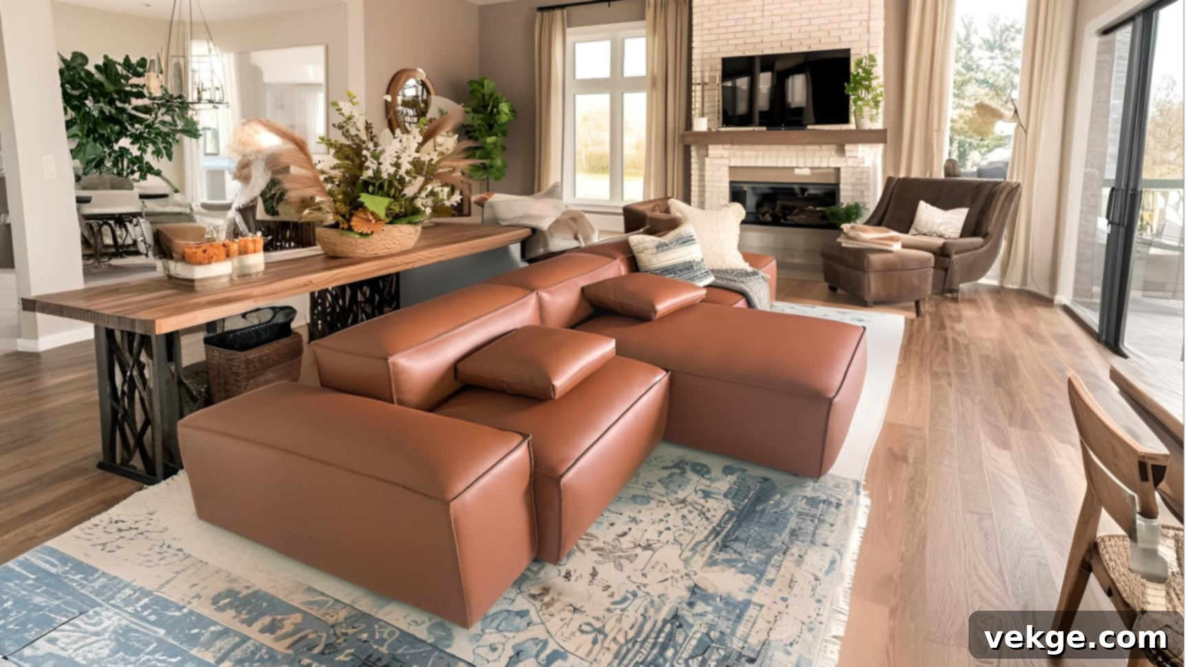 Brown leather sofa with baby blue and deep green decor accents