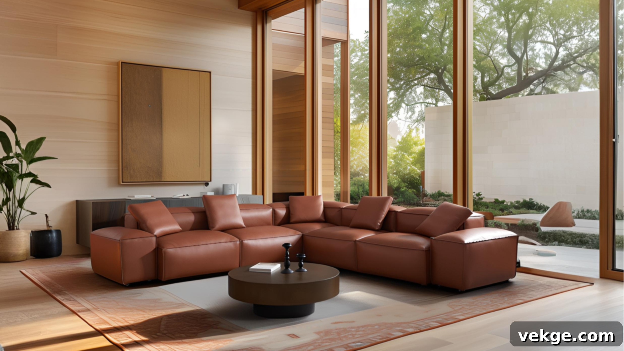 Brown leather sofa with rust, burnt orange, and terracotta decor