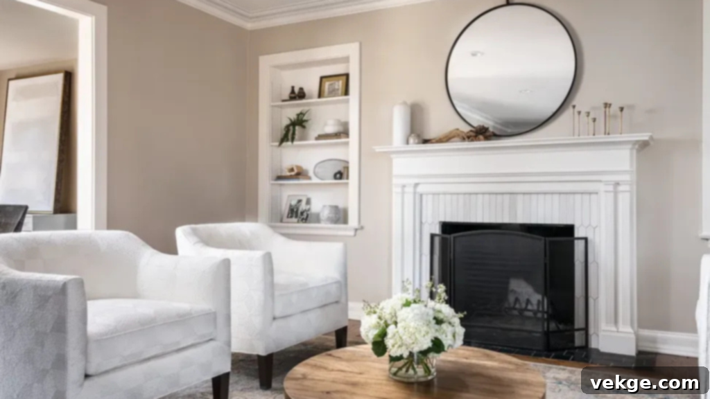 Accessible Beige (SW 7036) warm neutral paint color by Sherwin-Williams in a cozy living room