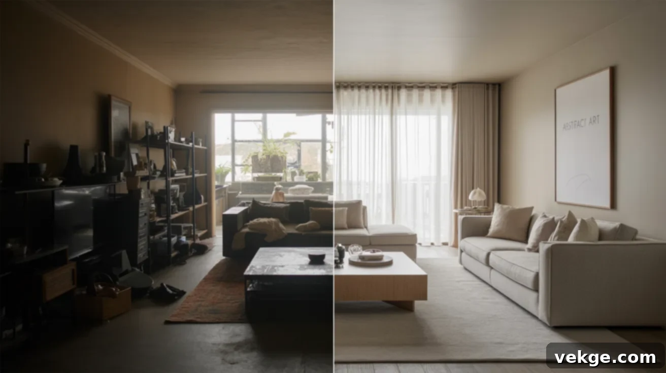Staged Living Room - Before and After showing decluttered space and neutral decor