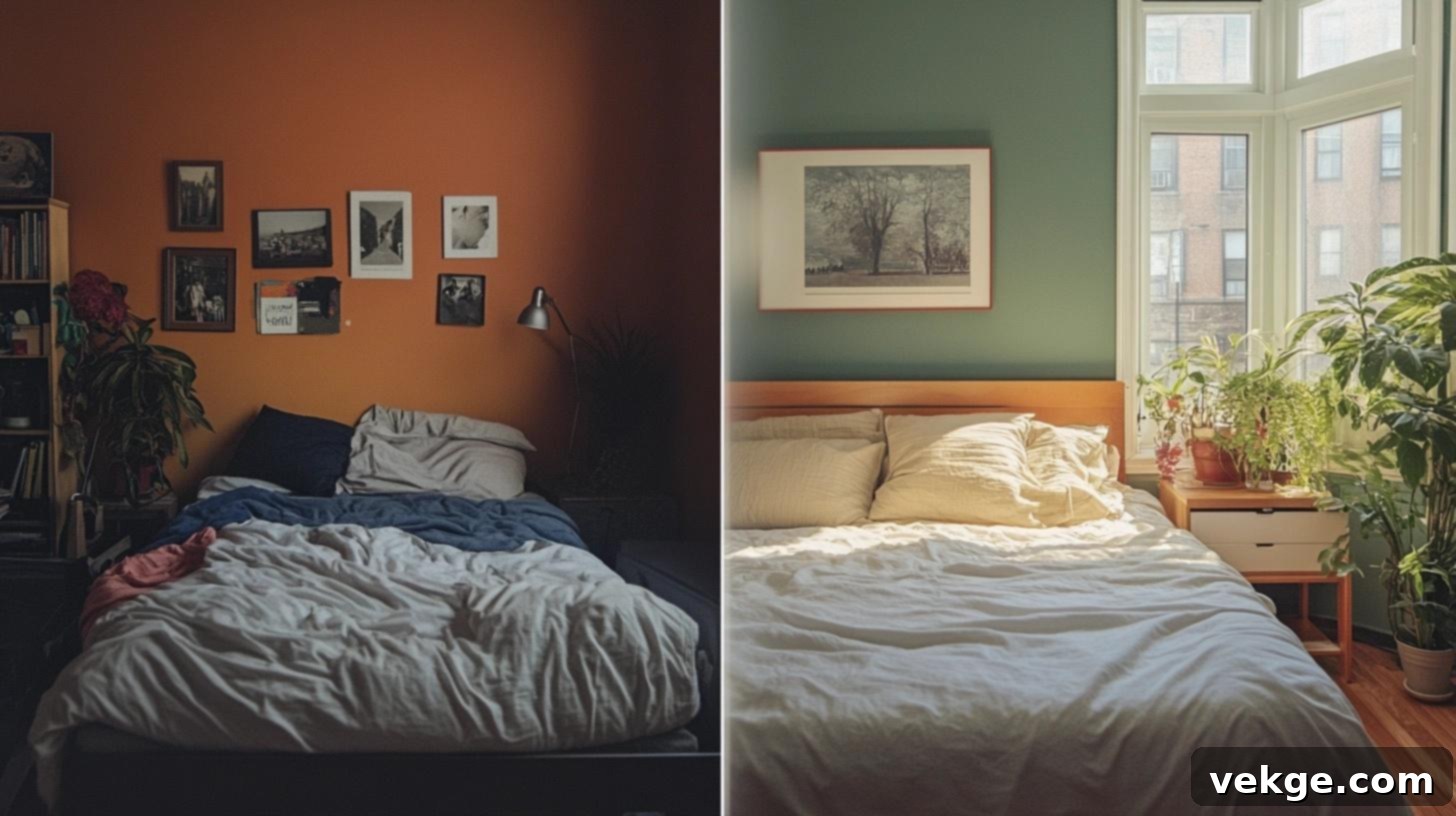 Staged Bedroom - Before and After showing neutral colors and neat bedding
