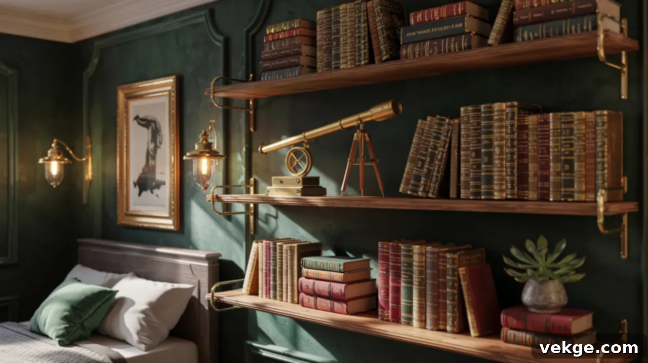 Use Wall-Mounted Shelves for Layered Displays in Your Dark Academia Bedroom