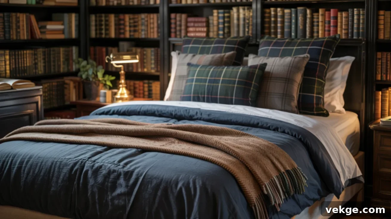 Use Layered Bedding in Tweeds, Linen, or Plaid for a Cozy Dark Academia Bed