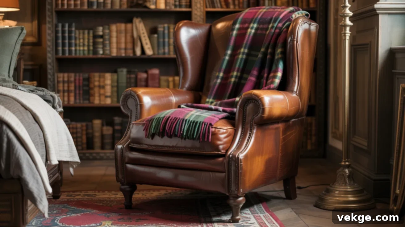Style a Leather Armchair with a Plaid Throw for a Classic Dark Academia Reading Nook