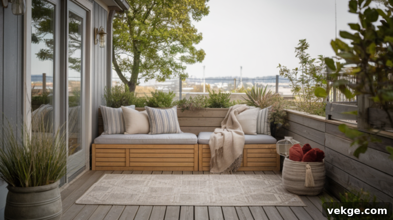 Use a Storage Bench with Soft Cushions on your deck
