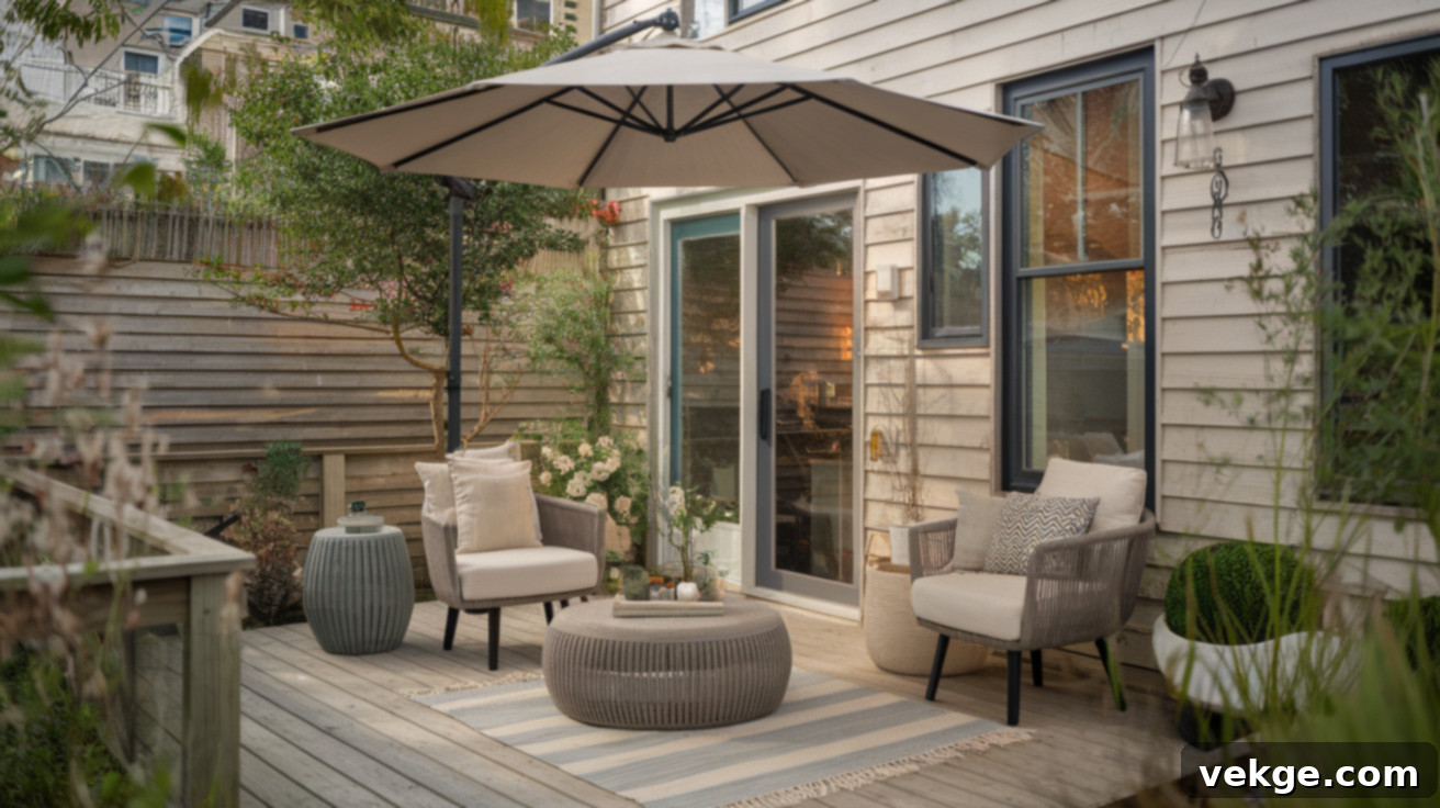 Use a Neutral-Toned Umbrella for a serene deck