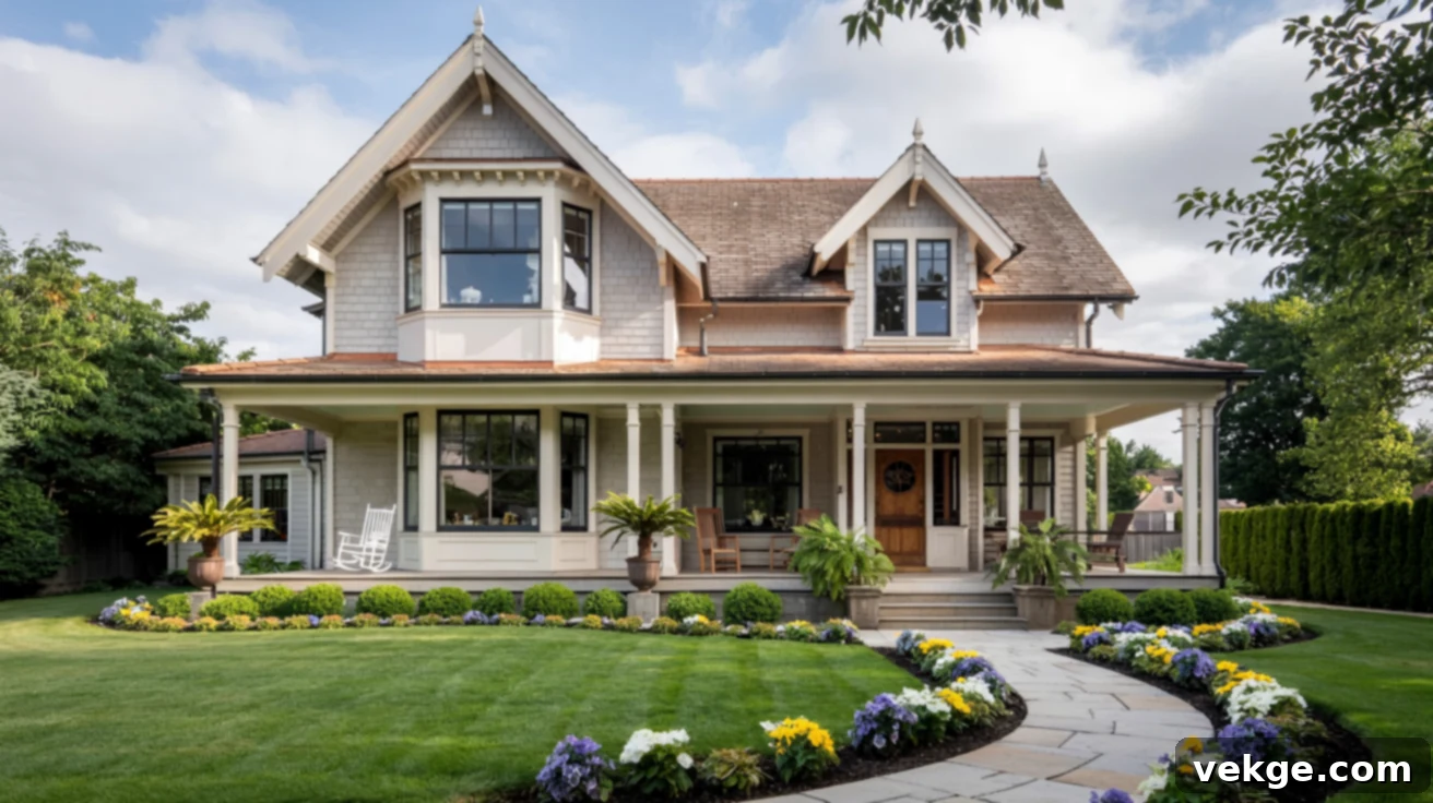 Victorian home exterior with steeply pitched roofs and turrets