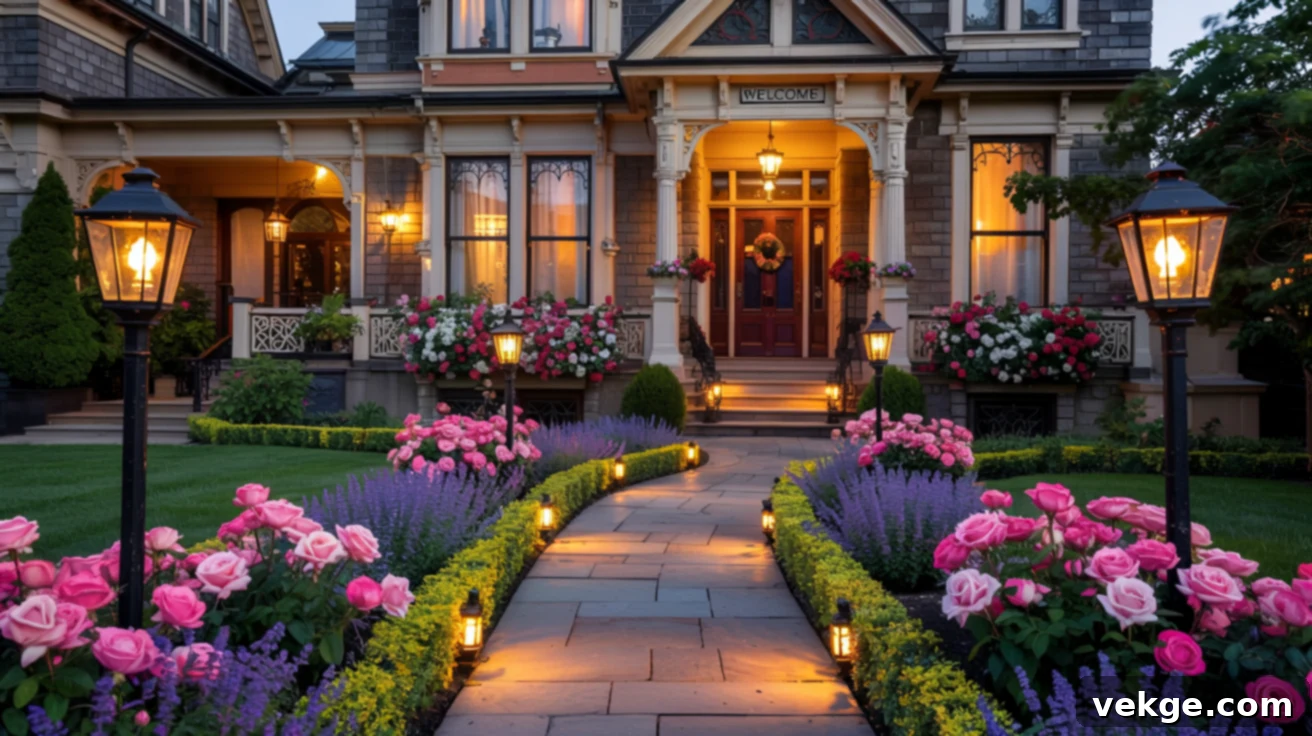 Victorian garden with modern symmetrical beds and pathway lighting