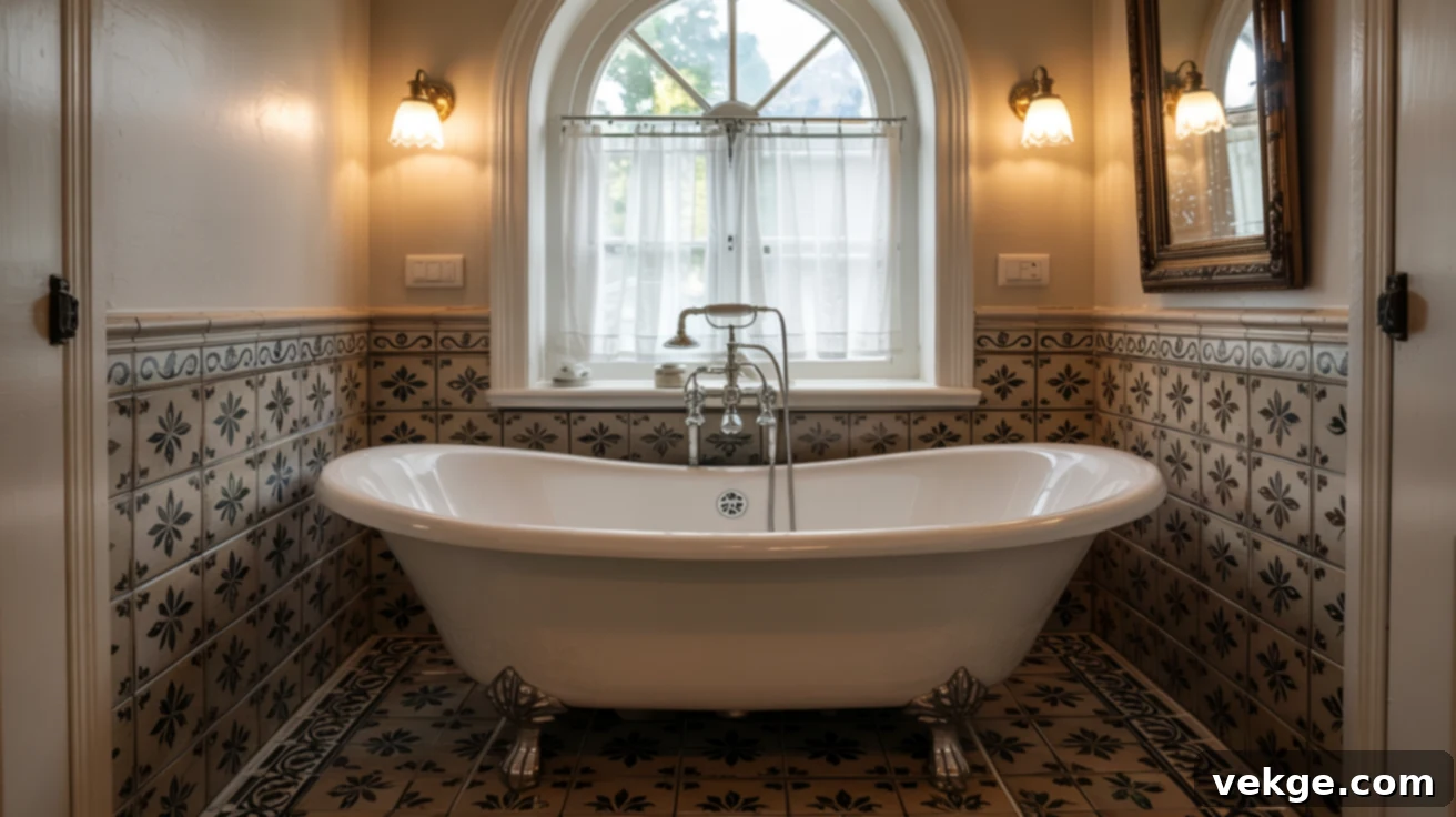 Modern Victorian bathroom with clawfoot tub and patterned tiles