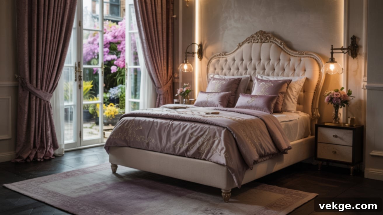 Modern Victorian bedroom with high ceilings and layered textiles