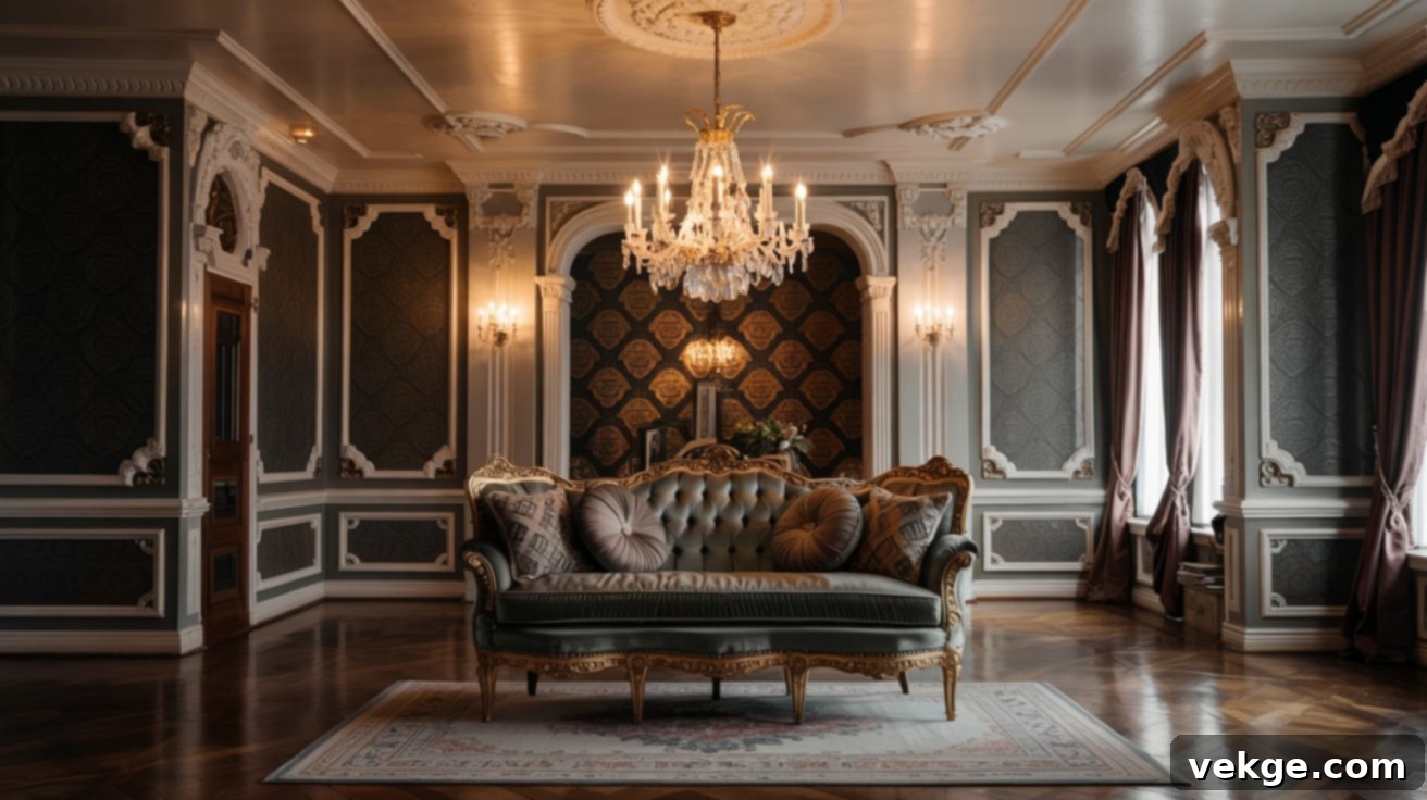 Modern Victorian interior with chandelier and hardwood floors