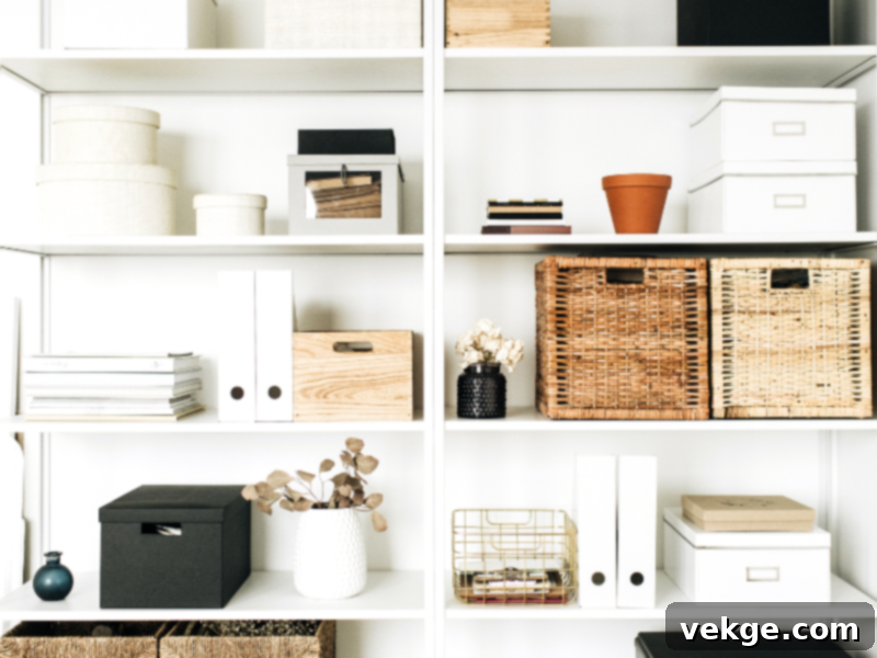 Organized white shelving unit with boxes, baskets, books, and small decor