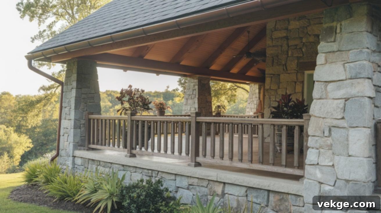 Covered Stone Porch: A functional and stylish outdoor living space featuring a robust stone foundation and flooring, topped with a protective roof, allowing for enjoyment in various weather conditions.