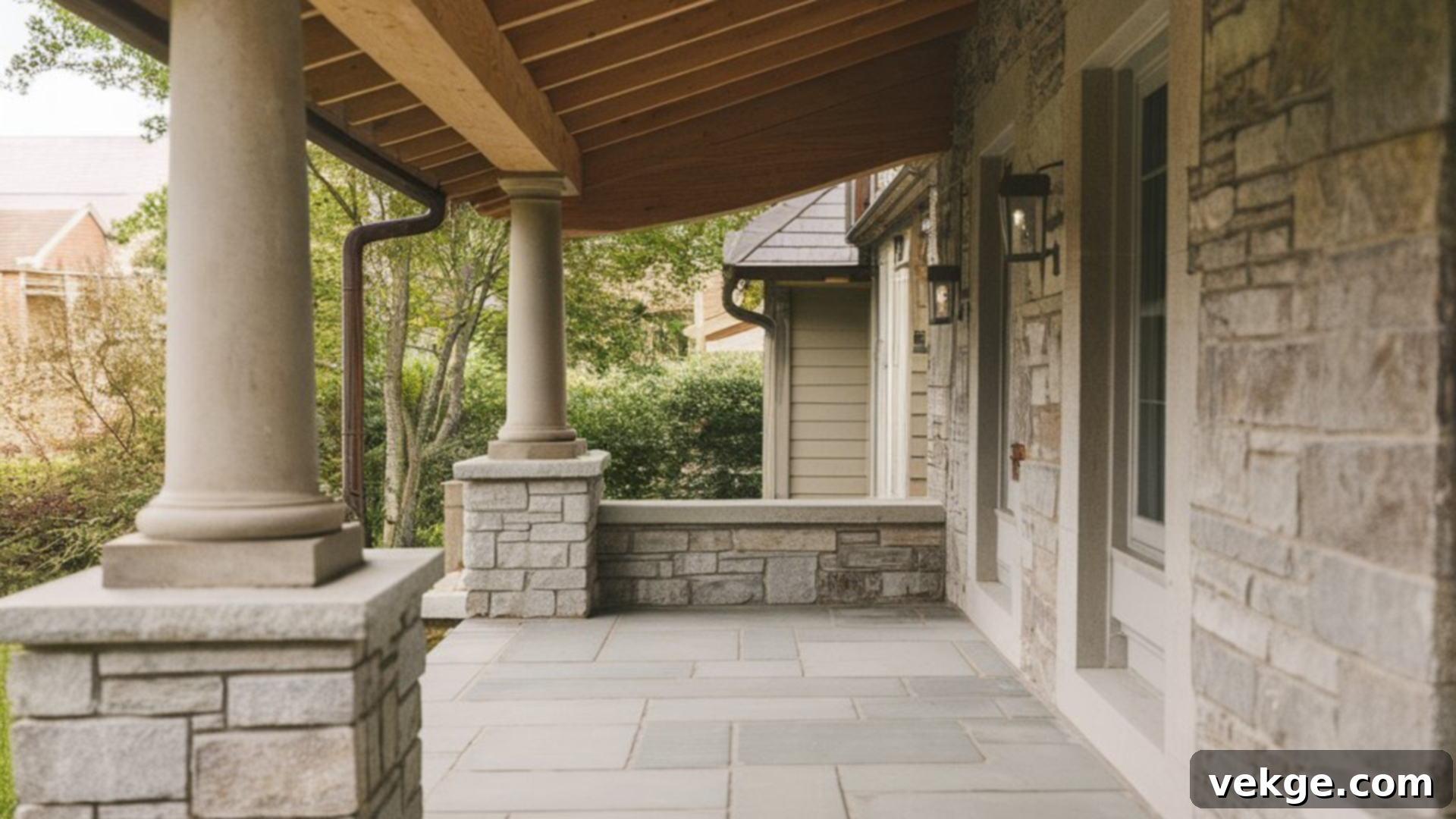 Cottage-Style Porch: A warm and inviting stone porch featuring soft gray flagstone flooring, a low limestone accent wall, and wooden roof extension supported by two stone columns, embodying cozy charm.