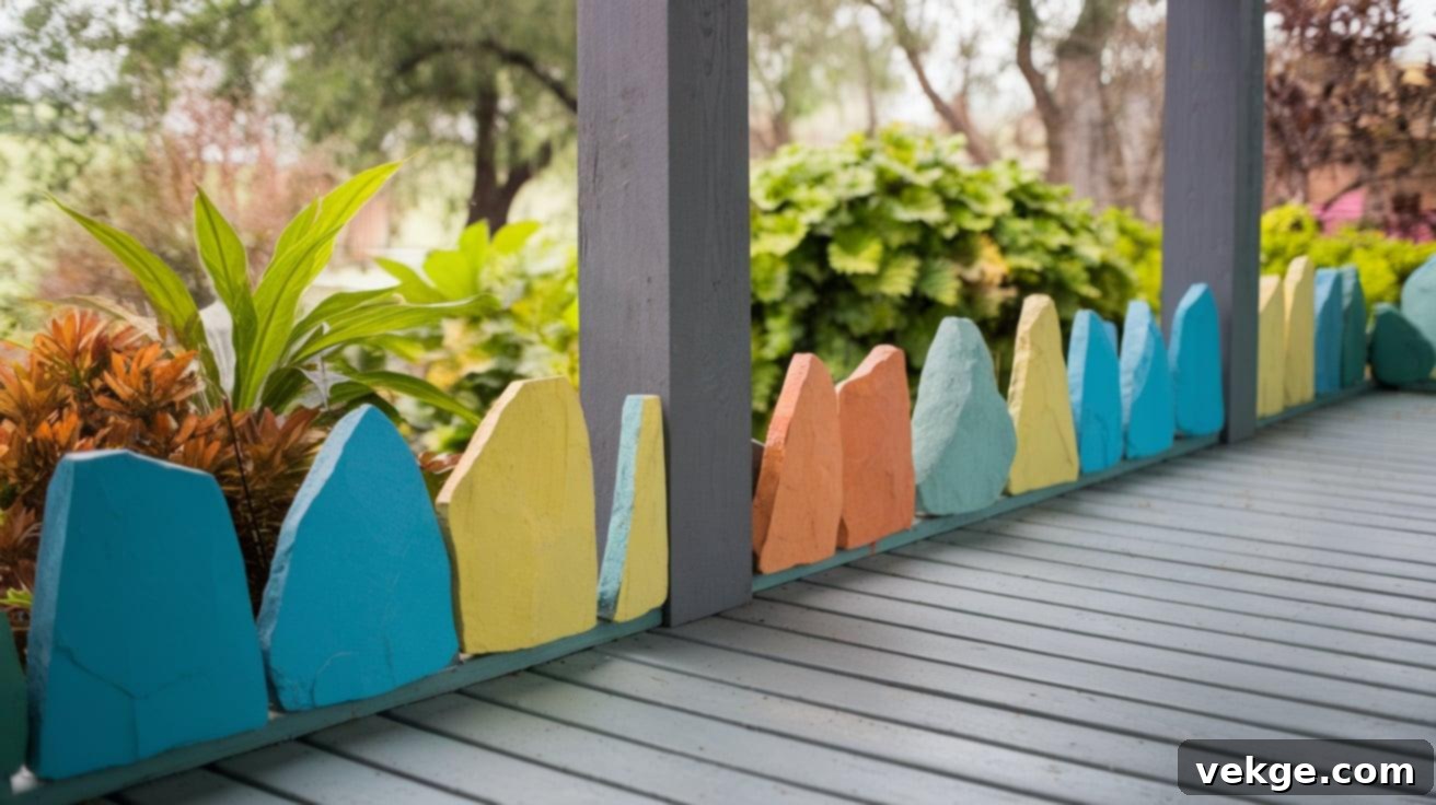 Colored Stone Accents: A stone porch enhanced with a lively mix of vibrant, naturally colored stones, adding unique personality, artistic flair, and visual interest to the entryway.